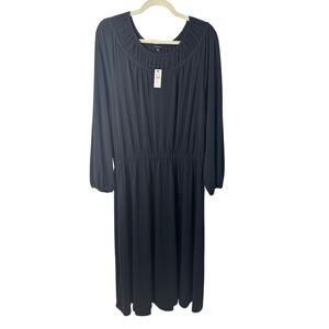 Talbots NWT Black Jersey Knit Midi Dress Ruffled Collar Elastic Waist Sz 1X